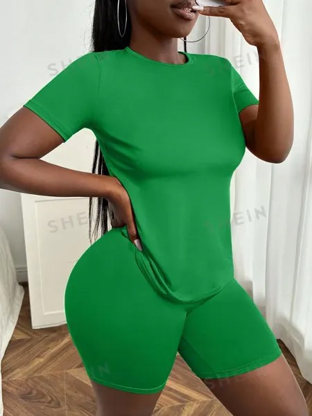 SHEIN Slayr Женский однотонный комплект из футболки и шорт с круглым вырезом и короткими рукавами, зеленый
