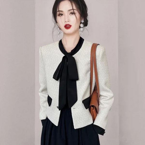 Женский твидовый пиджак на шнуровке, элегантный пиджак с бантом, корейская мода, цветная офисная короткая верхняя одежда из смешанной шерст...