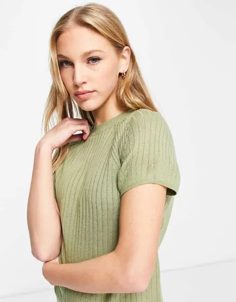 Вязаная премиум футболка для дома в рубчик цвета хаки ASOS DESIGN «Выбирай и комбинируй»-Коричневый цвет