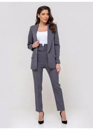 Женский классический костюм двойка, укороченные брюки с завышенной талией, удлиненный прямой пиджак оверсайз oversize, серый цвет, размер 46