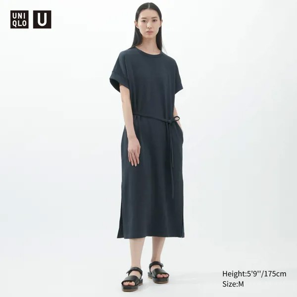 UNIQLO AIRism Хлопковое длинное платье с поясом и короткими рукавами Uniqlo