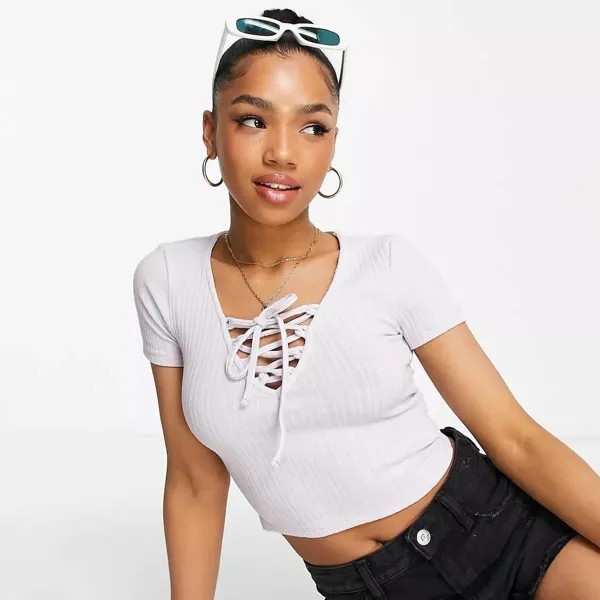 Футболка Stradivarius Ribbed Lace Up, лиловый