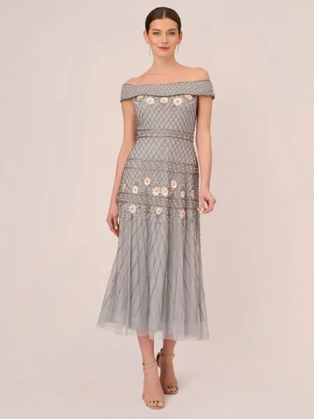 Платье-бандо Adrianna Papell с цветочным принтом и бисером, Silver Mist