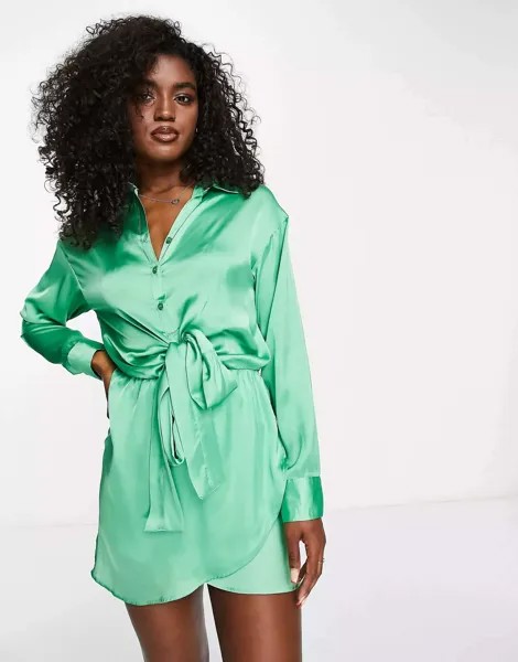 Платье Pull&Bear Tie Front Long Sleeve Satin Mini Shirt, зеленый