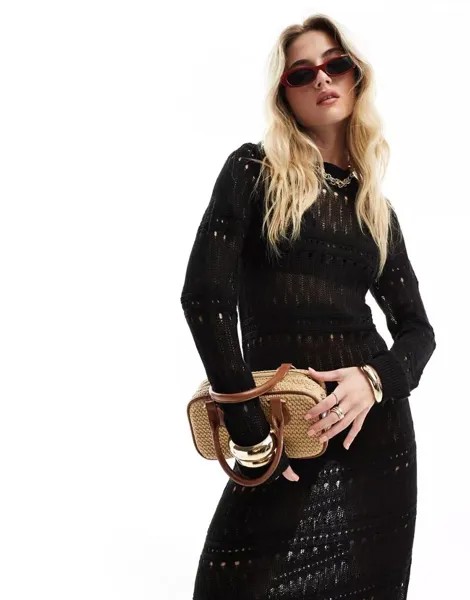 Черное платье миди крючком с длинными рукавами Vero Moda