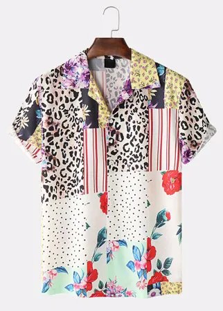 Мужской леопардовый цветок с цветными блоками с коротким рукавом Revere Collar Рубашка