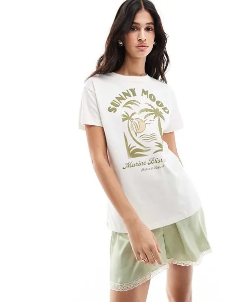 Pull&Bear Футболка оверсайз кремового цвета с изображением пальм