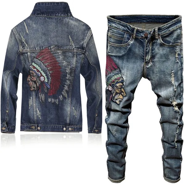 Комплект из двух предметов мужской, модные индийские джинсы с вышивкой, Стрейчевые джинсы + облегающая Повседневная джинсовая куртка, винтажный костюм, Осень-зима