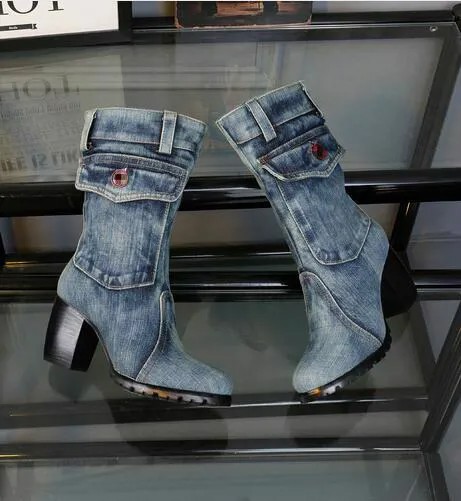 Европейский стиль 2016 г. новая парусиновая обувь осенне-зимние сапожки на высоком каблуке грубые женские джинсовые сапожки сапожки на шнуро...