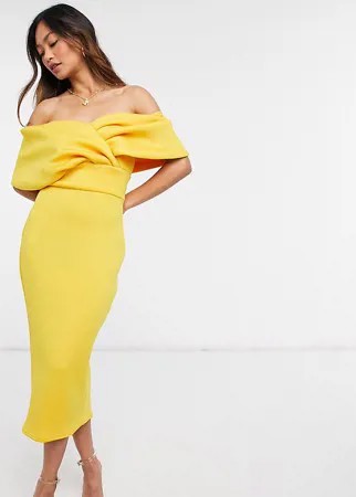 Золотисто-охровое облегающее платье миди с запахом на лифе True Violet-Желтый