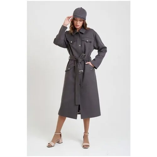 Пальто  EKATERINA ZHDANOVA демисезонное, шерсть, силуэт прямой, удлиненное, размер 44/46/164-172, серый