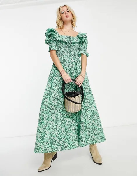Зеленое платье миди с пышными рукавами и цветочным принтом Reclaimed Vintage