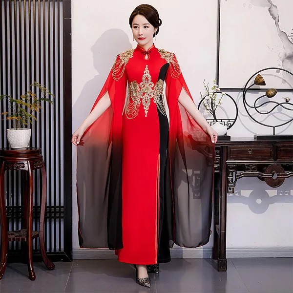 Современное китайское платье Qipao с вышивкой платья с шалью женское элегантное свадебное платье Чонсам Восточное вечернее платье длинное Qi Pao