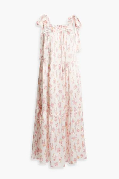 Ярусное платье макси из хлопкового поплина с цветочным принтом Les Rêveries, пастельно-розовый