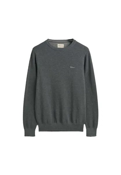 Мужской свитер - COTTON PIQUE C-NECK, вязаный свитер, круглый вырез, хлопок GANT, серый