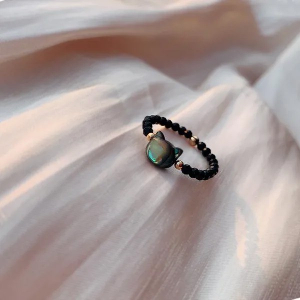 Очень тонкий черный кот кольцо японский натуральный кристалл камень черный кристалл личность бисер кольцо