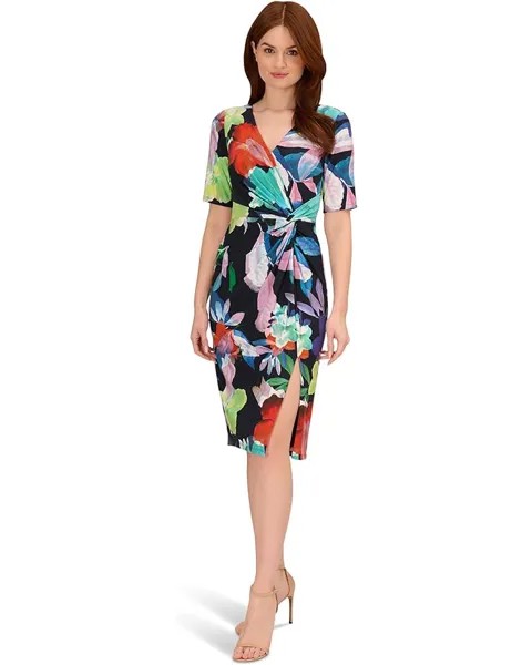 Платье Adrianna Papell Printed Stretch Crepe Chiffon Short Sleeve Side Wrap, цвет Dark Navy Multi