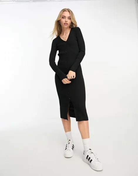 New Look — черное трикотажное платье в рубчик на пуговицах