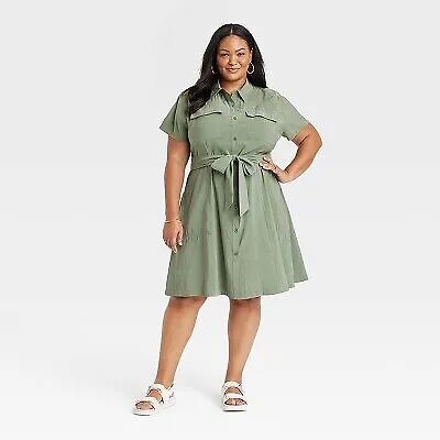 Женское практичное платье-рубашка на пуговицах с короткими рукавами — Ava - Viv Sage Green 1X