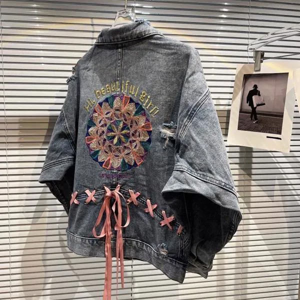 Женская джинсовая куртка с цветочной вышивкой, куртка в стиле Харадзюку с вышивкой и дырками, новинка весны 2022