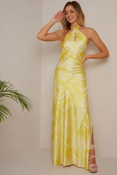 Платье-макси с вырезом через шею и абстрактным принтом Chi Chi London, желтый