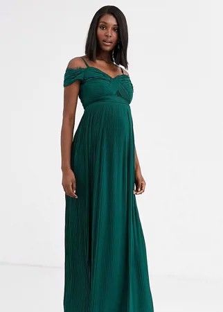 Темно-зеленое платье макси с кружевом, складками и открытыми плечами ASOS DESIGN Maternity-Зеленый