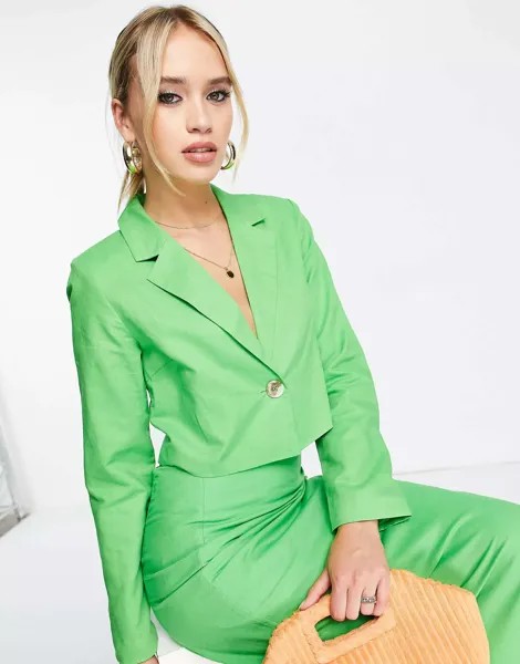Эксклюзивный зеленый укороченный льняной пиджак Y.A.S