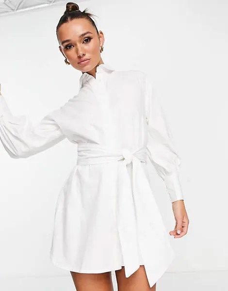 Белое платье-рубашка мини с завязкой на талии Pretty Lavish
