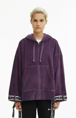 Женское фиолетовое худи с капюшоном Champion Velour Zip-Through Oversized с логотипом и тесьмой