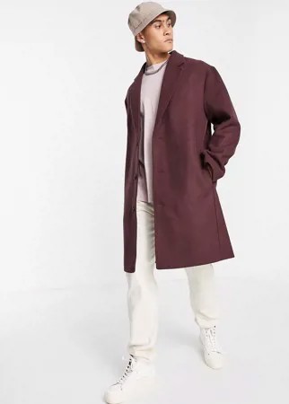 Длинное бордовое пальто свободного кроя из материала с добавлением шерсти ASOS DESIGN-Красный