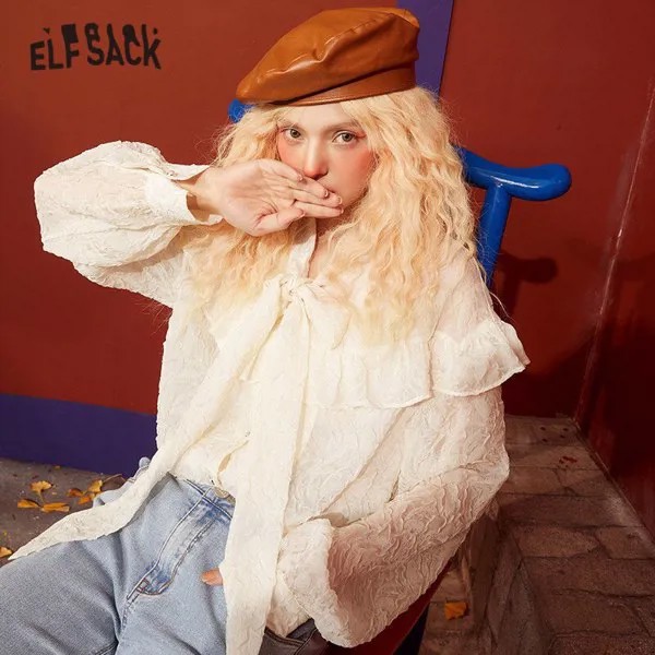 Женская однотонная однобортная шифоновая рубашка ELFSACK, весна 2021, винтажный длинный рукав, корейский стиль, повседневный милый топ
