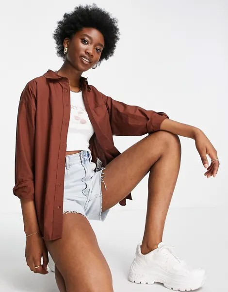 Поплиновая oversized-рубашка шоколадного цвета Stradivarius-Коричневый цвет