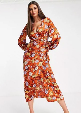 Атласное платье макси с запахом и цветочным принтом в стиле 70-х ASOS DESIGN Tall-Разноцветный