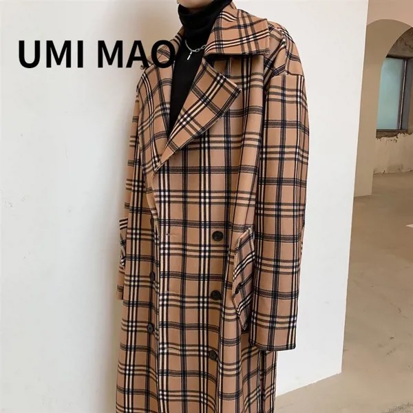 Трендовый мужской клетчатый шерстяной Тренч UMI MAO в британском стиле, мужское пальто длиной выше колена для мужчин и женщин, Двубортный Корейский Тренч Y2K