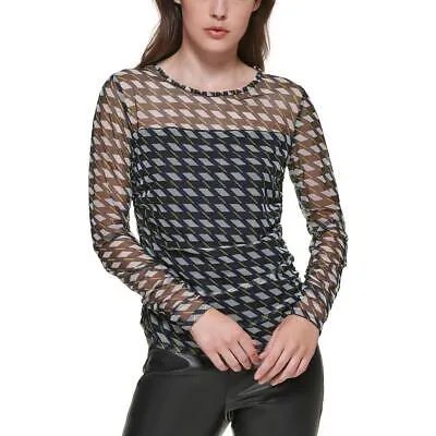 DKNY Женская темно-синяя сетчатая блуза-рубашка с узором -quot;гусиные лапки-quot; S BHFO 2507