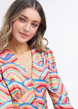 Блузка с пуговицами и радужным плиточным принтом от комплекта Never Fully Dressed-Многоцветный