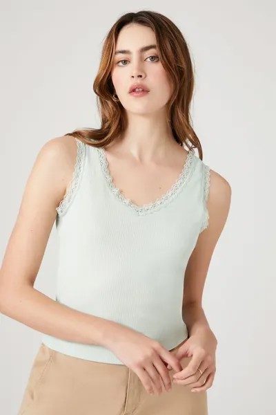 Майка с V-образным вырезом и кружевной отделкой Forever 21, шалфей