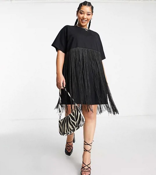 Черное платье-футболка мини с бахромой ASOS DESIGN Curve-Розовый цвет