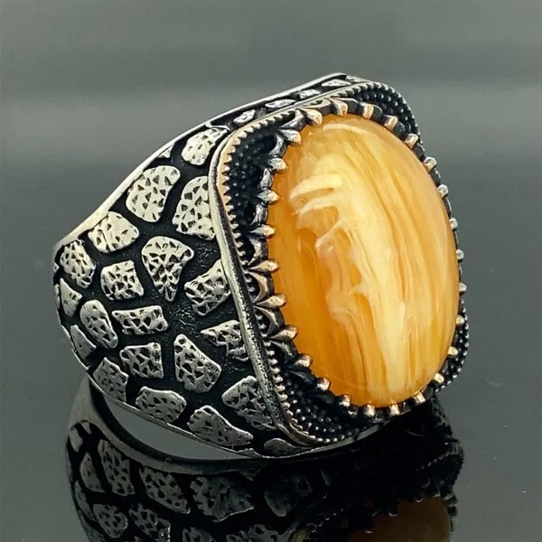 Мужское кольцо из медового янтаря, серебряное кольцо ручной работы, кольцо из натурального камня, кольцо в оттоманском стиле, кольцо из стер...