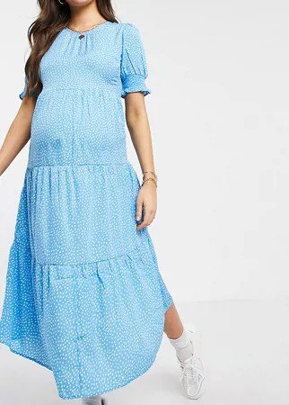 Синее многоярусное присборенное платье миди в горошек Influence Maternity-Голубой