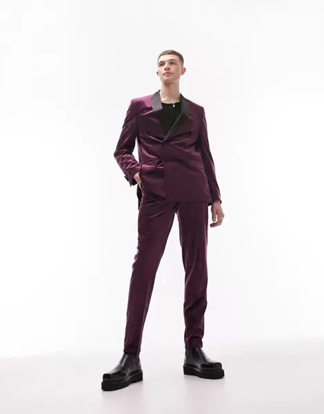Фиолетовые бархатные костюмные брюки зауженного кроя Topman
