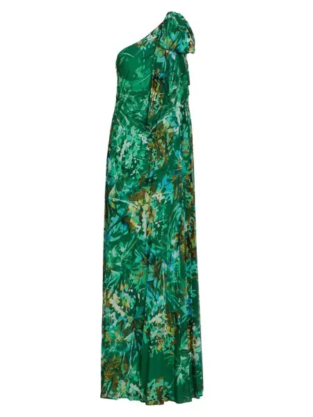 Плиссированное платье с цветочным принтом на одно плечо Badgley Mischka, зеленый