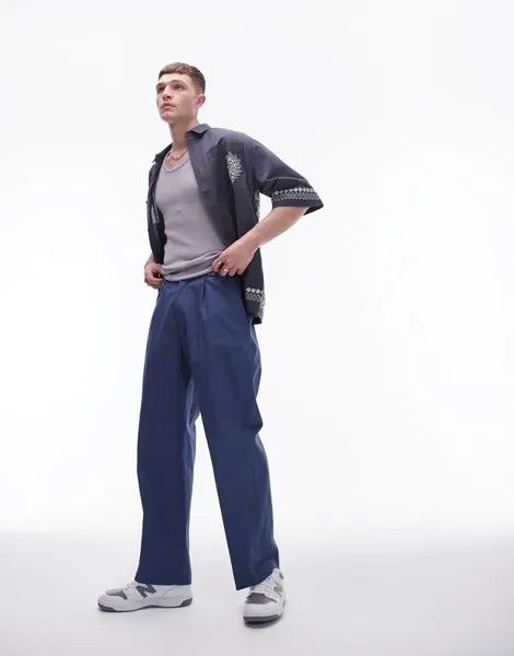 Topman — элегантные широкие брюки из плотного хлопка темно-синего цвета