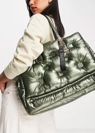 Дутая нейлоновая сумка-шопер цвета хаки с вышивкой River Island-Зеленый цвет