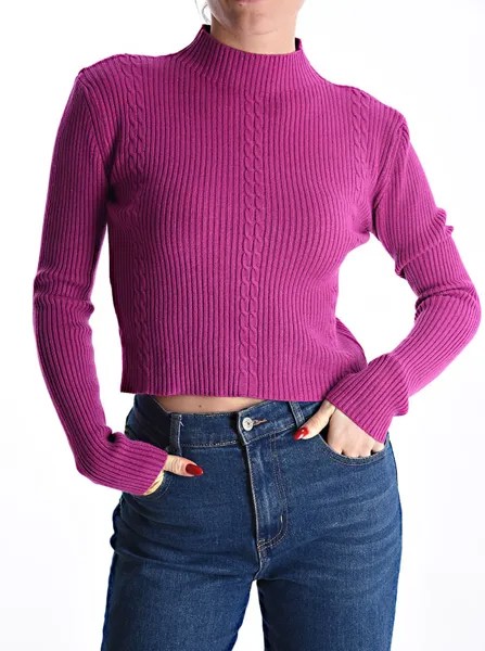 Мини-свитер в рубчик с высоким воротником, сливовый