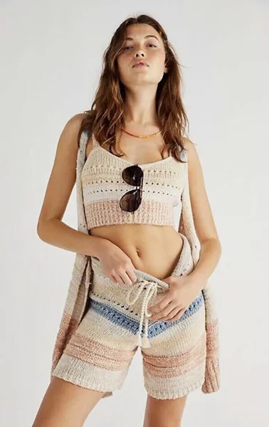 Комплект свитера Free People Southwest из 3 предметов, шорты, укороченный топ, кардиган в полоску, коричневый M NWT