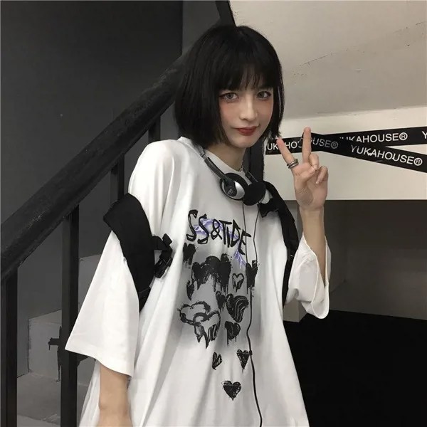 Harajuku Женская притворная футболка оверсайз Корейская уличная одежда Hiphop Heart Print Свободная футболка для 2000-х Эстеттопы для девочек