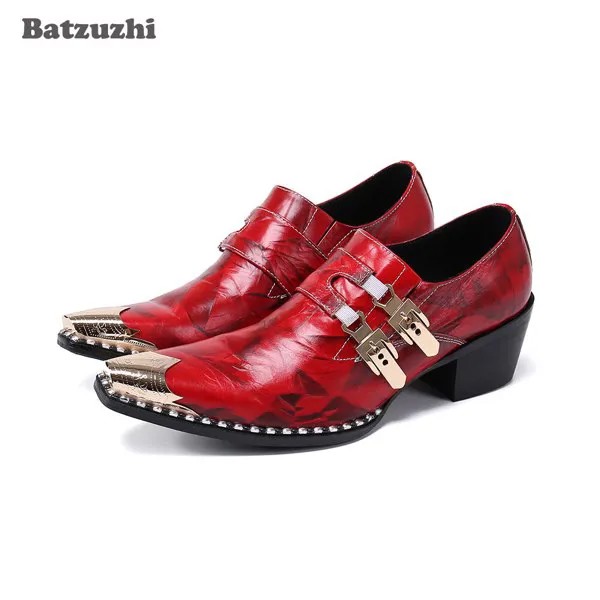 Мужские кожаные модельные туфли Batzuzhi ручной работы, золотистые, с железным носком, деловые, деловые, кожаные, мужские туфли на высоком каблу...