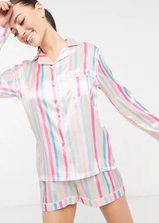 Атласный пижамный комплект с шортами в полоску пастельных тонов Night-Многоцветный