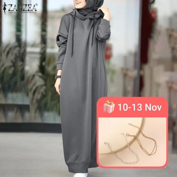ZANZEA. Женское тёплое, длинное платье-толстовка. Мусульманская мода с длинным рукавом.Толстовка с капюшоном
